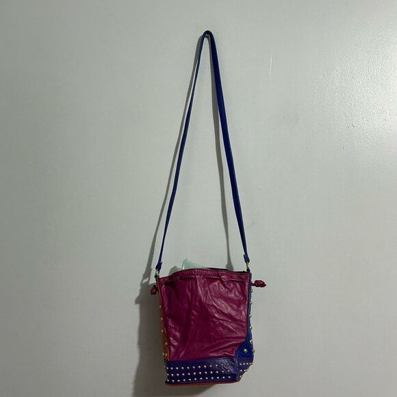 Colorblocked Studded Multi-Colored Leather Drawstring Bucket Bag - Picture 3 of 10